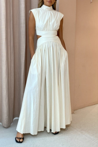 Stand Collar Sleeveless Open Waist Dress Maxi Dresses-Hayhty.All Rights Reserved.