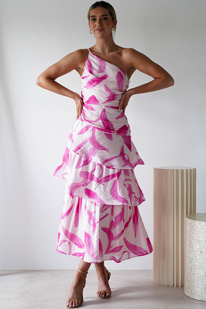 Pattern Print Tiered Hem One Shoulder Midi Dresses-Pink-Hayhty.All Rights Reserved.