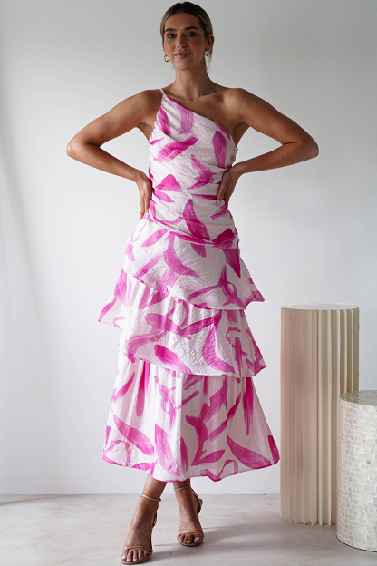 Pattern Print Tiered Hem One Shoulder Midi Dresses-Pink-Hayhty.All Rights Reserved.