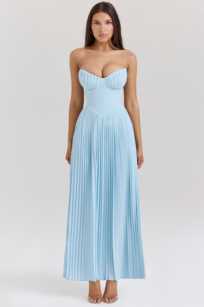 Strapless Cinch Waist Pleated Maxi Dresses-Blue-Hayhty.All Rights Reserved.