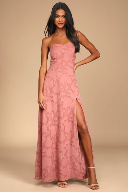 Sweetheart Neckline Strapless Slit Jacquard A-Line Gowns Maxi Dresses-Pink-Hayhty.All Rights Reserved.