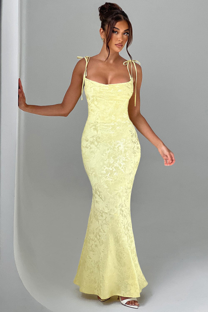 Lace Up Spaghetti Strap Slim Fit Jacquard Maxi Dresses-Yellow-Hayhty.All Rights Reserved.