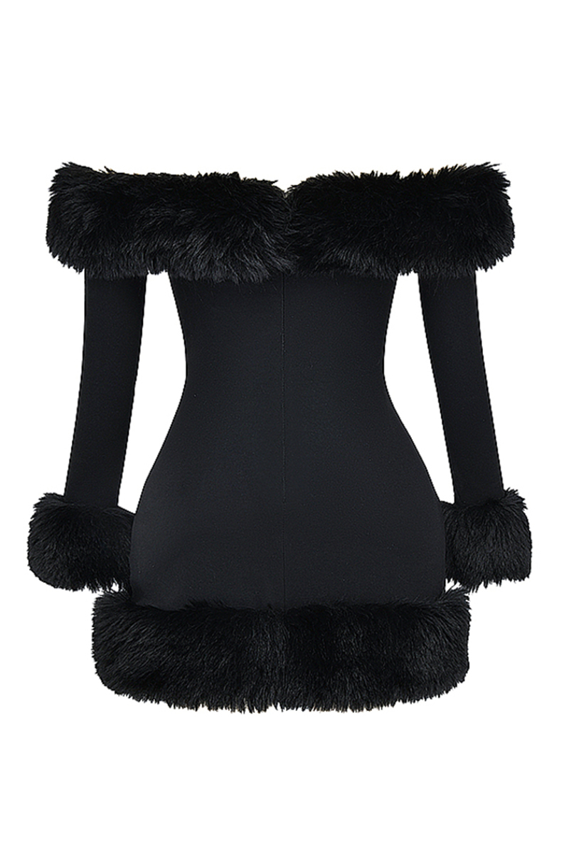 Off Shoulder Long Sleeve Faux Fur Cuff Trim Cocktail Party Bodycon Mini Dresses-Black-Hayhty.All Rights Reserved.