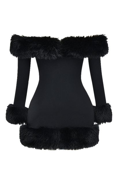 Off Shoulder Long Sleeve Faux Fur Cuff Trim Cocktail Party Bodycon Mini Dresses-Black-Hayhty.All Rights Reserved.