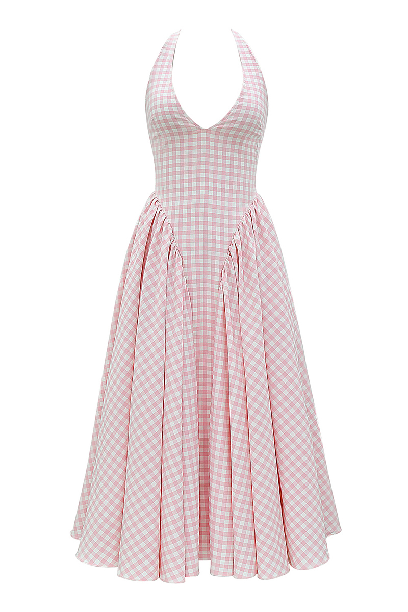 Plaid Print Halter Deep V Neck A-Line Midi Dresses-Pink-Hayhty.All Rights Reserved.