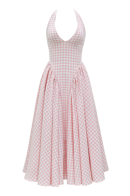 Plaid Print Halter Deep V Neck A-Line Midi Dresses-Pink-Hayhty.All Rights Reserved.