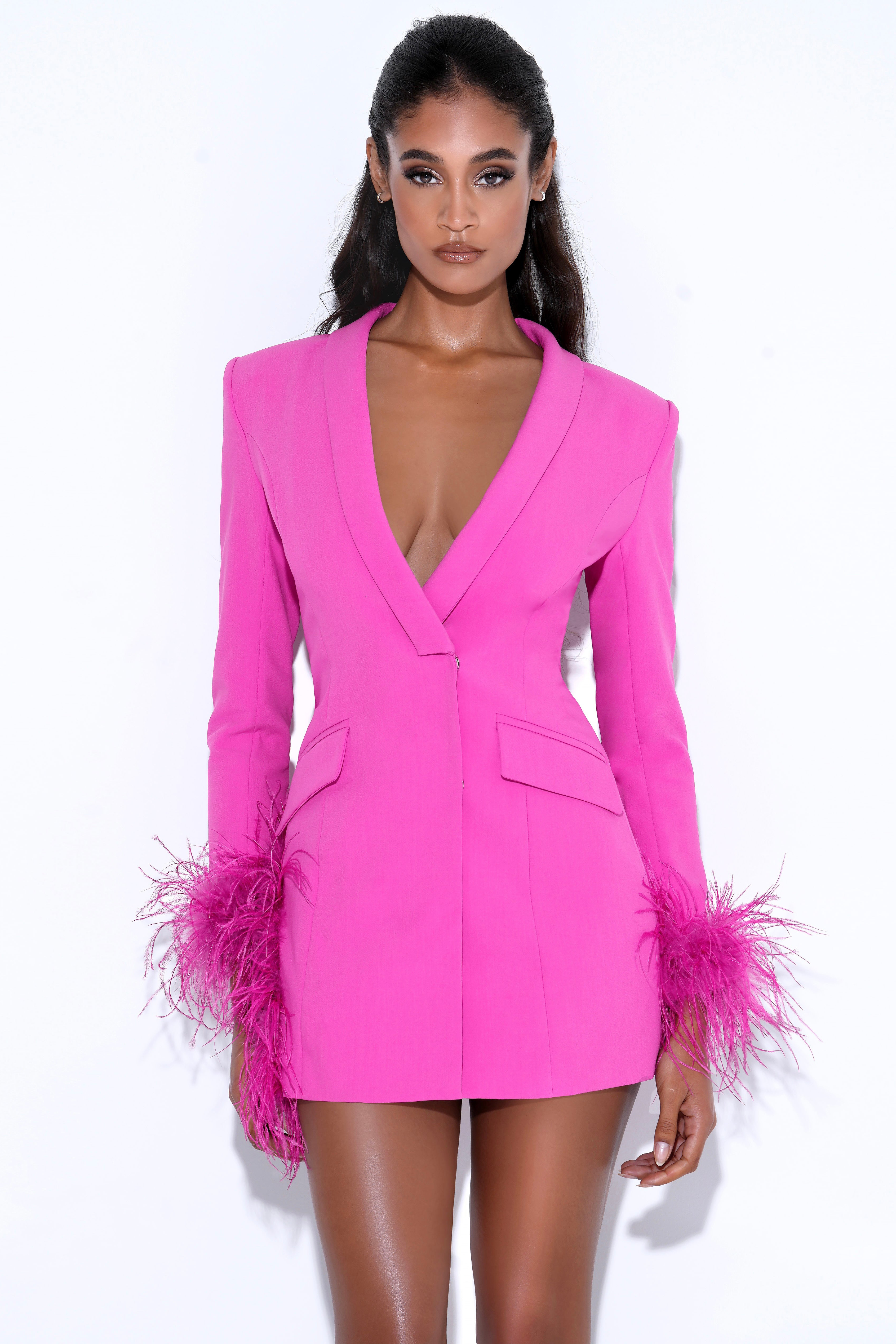 V Neck Feather Trim Blazer Party Mini Dresses-Hayhty.All Rights Reserved.