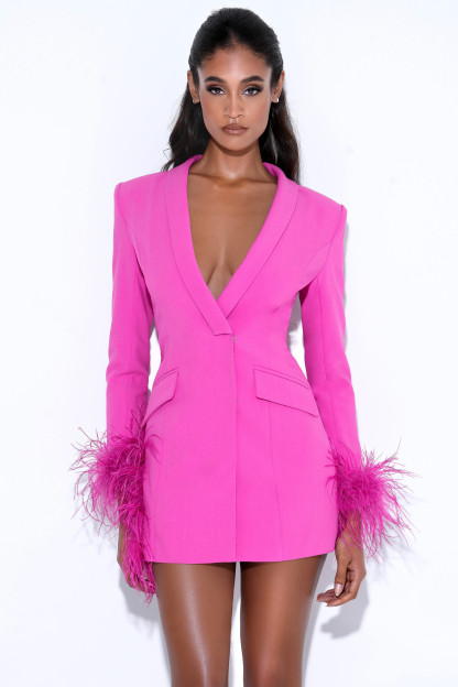 V Neck Feather Trim Blazer Party Mini Dresses-Hayhty.All Rights Reserved.