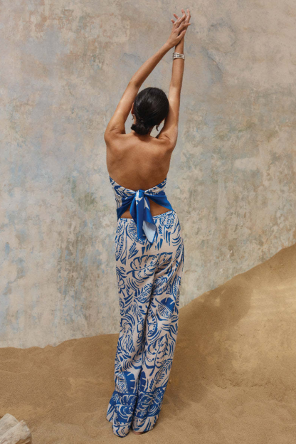 Plants Print Strapless Irregular Top Wide Leg Pants Matching Set-Blue-Hayhty.All Rights Reserved.
