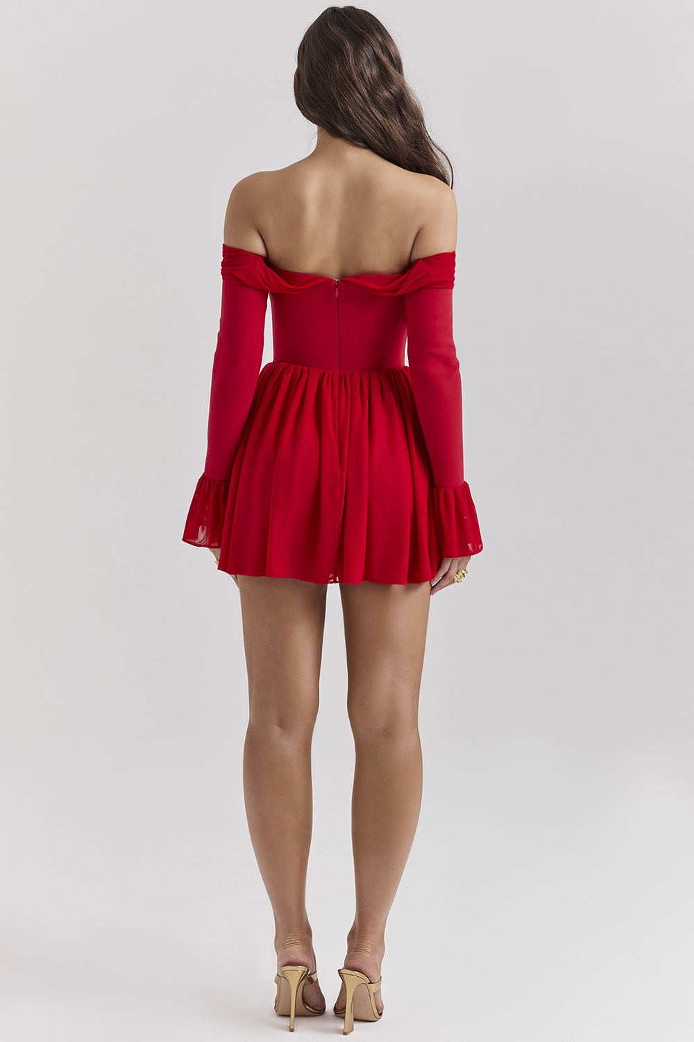 Off Shoulder Long Flare Sleeve Patchwork Knotted Pleated Hem Party Mini Dresses-White-Hayhty.All Rights Reserved.