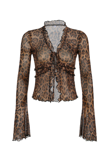 Leopard Print Ruffle Trim Tied Up V Neck Long Sleeve Mesh Top-Brown-Hayhty.All Rights Reserved.