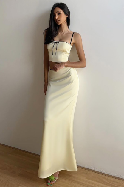 Bow Decor Crop Cami Slim Fit Fishtail Hem Maxi Skirt Matching Set-Beige-Hayhty.All Rights Reserved.