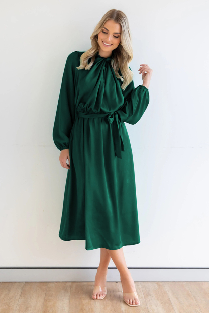 Ruched Knotted Long Sleeve Satin Midi Dresses-Hayhty.All Rights Reserved.