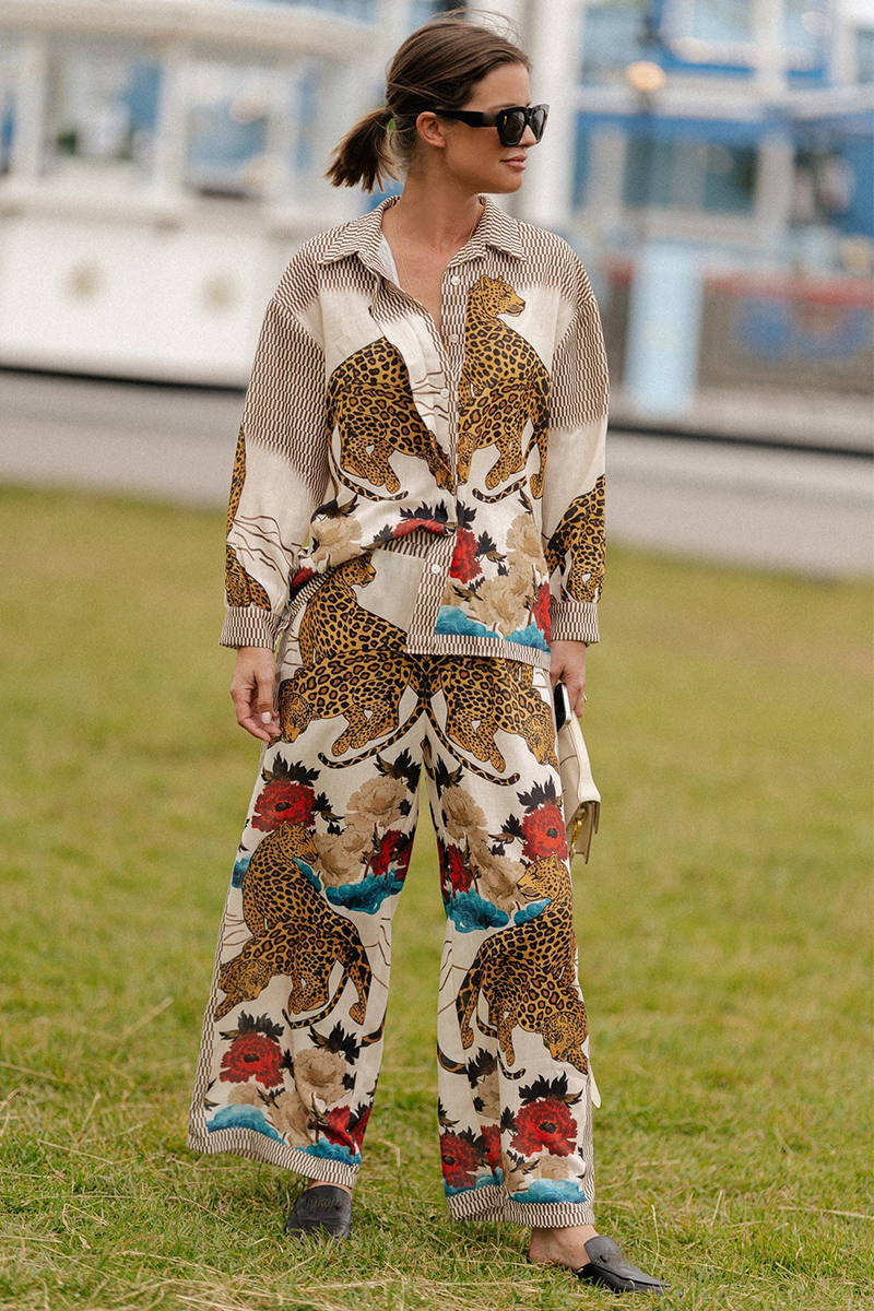 Leopards Floral Pattern Long Sleeve Blouse Wide Leg Pants Matching Set-Beige-Hayhty.All Rights Reserved.