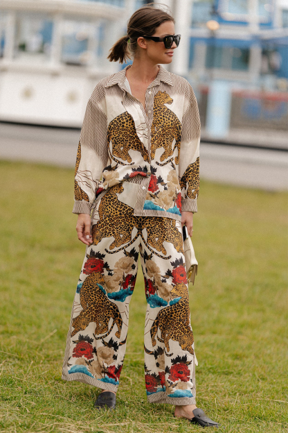 Leopards Floral Pattern Long Sleeve Blouse Wide Leg Pants Matching Set-Beige-Hayhty.All Rights Reserved.