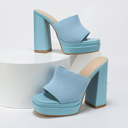 Knit Patchwork Square Toe Platform Chunky Heels-Blue-Hayhty.All Rights Reserved.