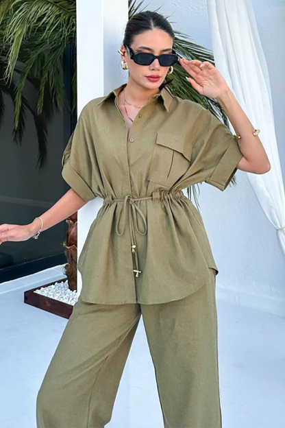 Half Sleeve Drawstring Tie Up Blouse Straight Leg Pants Matching Set-White-Hayhty.All Rights Reserved.