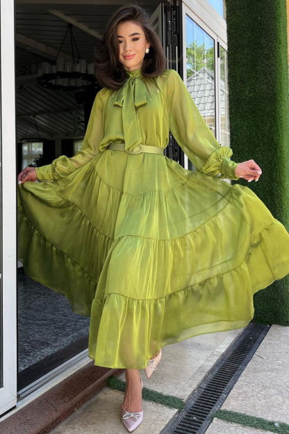 Long Bell Sleeve Mesh Knotted High Neckline Tiered Maxi Dresses-Hayhty.All Rights Reserved.