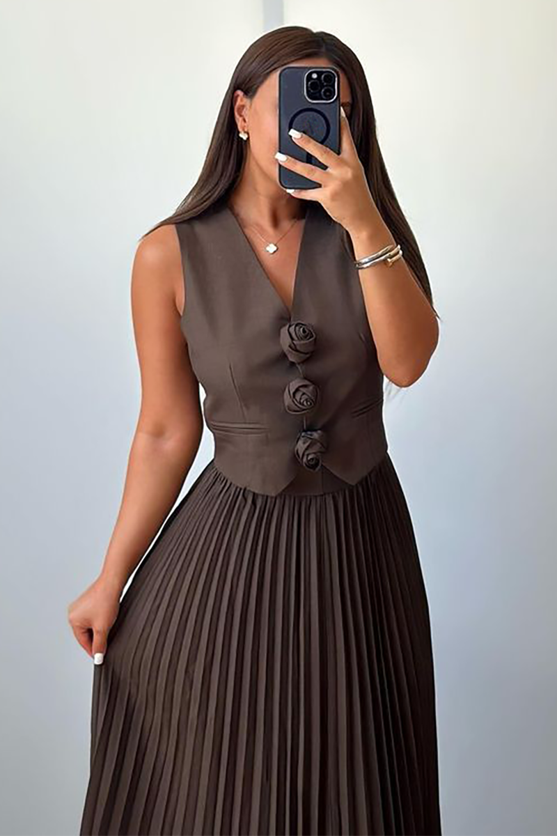 3D Flower Decor V Neck Vest Pleated Maxi Skirt Matching Set-White-Hayhty.All Rights Reserved.