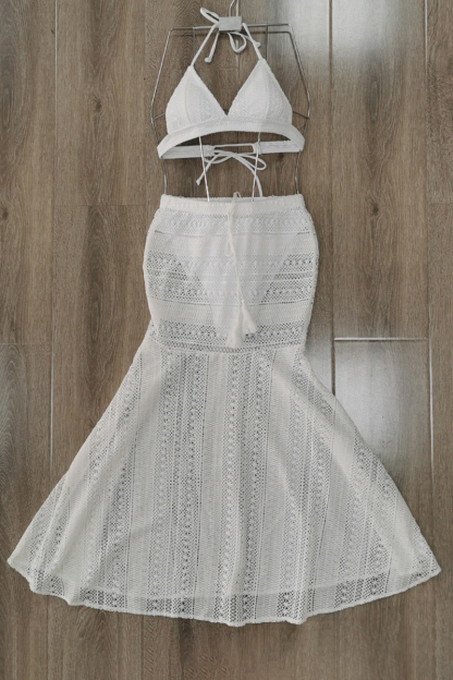 Lace Hollow Out White Tied Up Halter Deep V Neck 3-Piece Bikini Sets-Hayhty.All Rights Reserved.