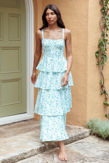 Floral Print Square Neck Straps Back Ribbon Cut Out Tiered Wedding Guest Maxi Dresses-Blue-Hayhty.All Rights Reserved.