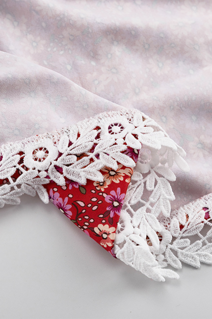 Ditsy Floral Print Lace Patchwork Backless Wide Straps Mini Dresses-Red-Hayhty.All Rights Reserved.