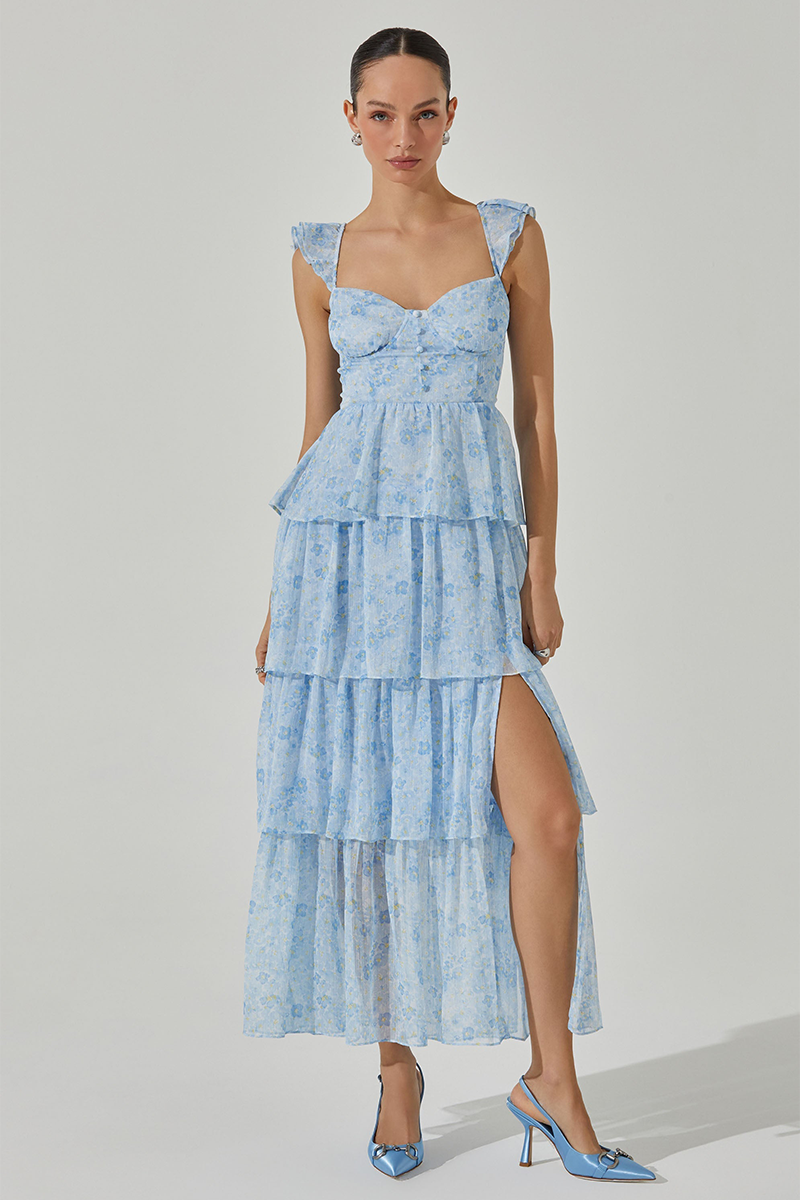 Ruffled Straps Tiered Flounced Slit Maxi Dresses-Blue-Hayhty.All Rights Reserved.