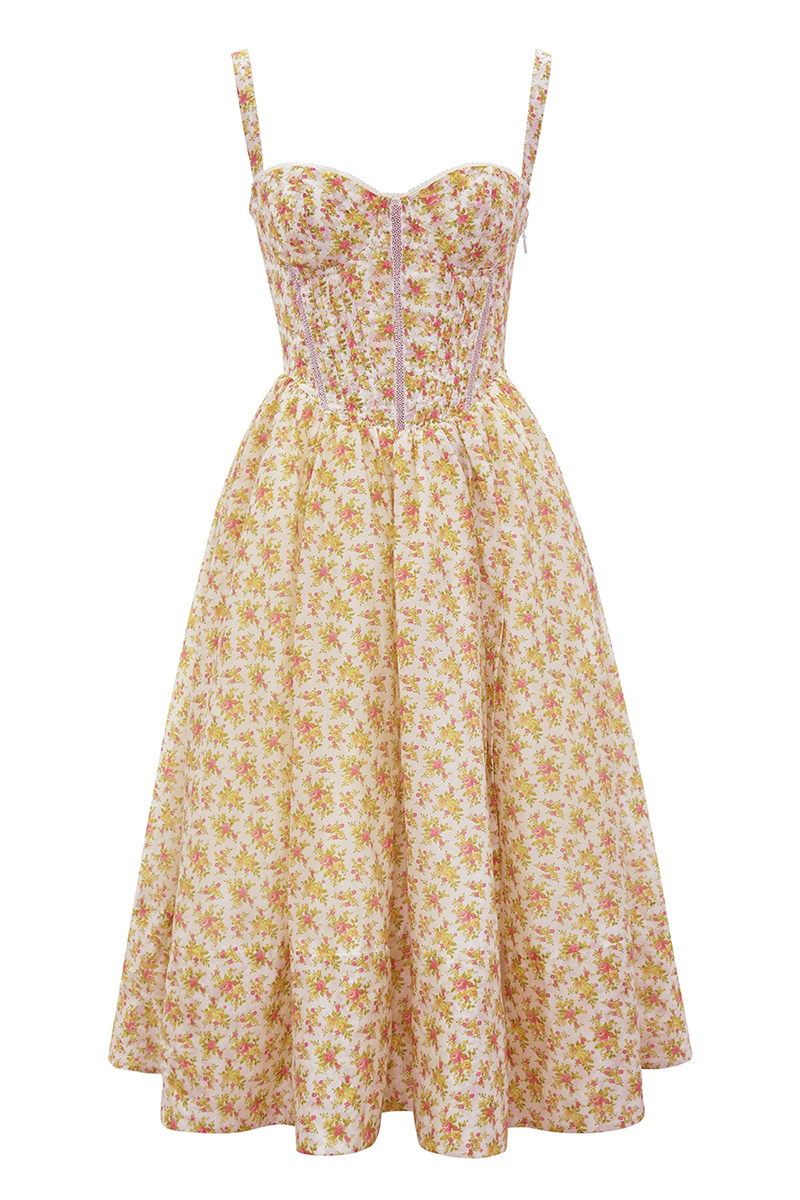 Floral Print Corset Lace Up Split Vacation Midi Dresses-Yellow-Hayhty.All Rights Reserved.