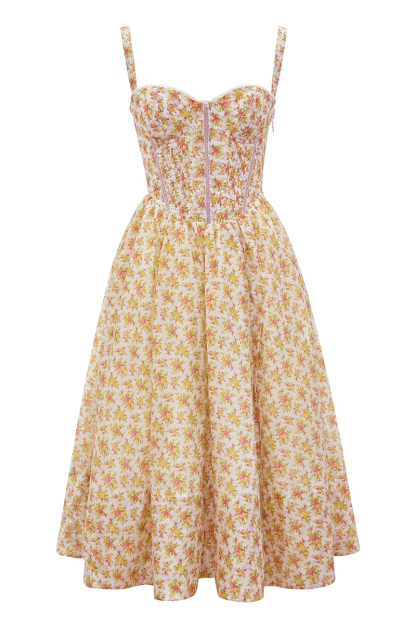 Floral Print Corset Lace Up Split Vacation Midi Dresses-Yellow-Hayhty.All Rights Reserved.