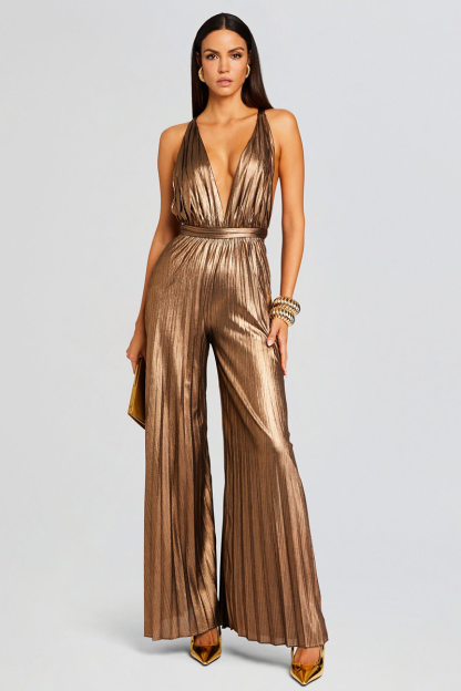 Deep V Neck Backless Pleated Wide Leg Bronzing Jumpsuit-Gold-Hayhty.All Rights Reserved.