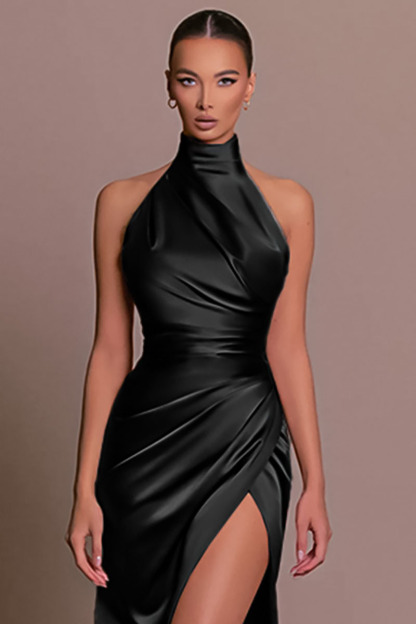 Satin High Neck Sleeveless Slim Fit High Slit Side Gowns Formal Party Maxi Dresses-Black-Hayhty.All Rights Reserved.