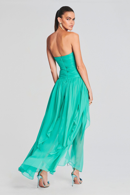 Strapless Boat Neck Ruched Pleated High Slit Tulle Formal Party Maxi Dresses-Hayhty.All Rights Reserved.