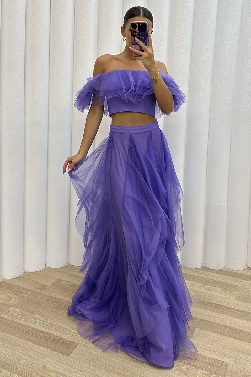 Off Shoulder Crop Top Irregular Tulle Maxi Skirt Evening Gown Matching Set-Hayhty.All Rights Reserved.