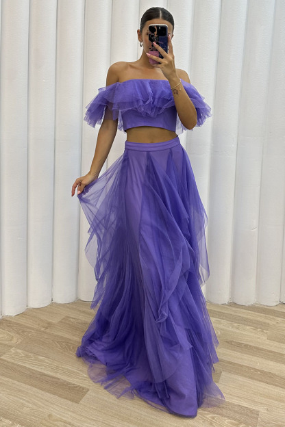 Off Shoulder Crop Top Irregular Tulle Maxi Skirt Evening Gown Matching Set-Hayhty.All Rights Reserved.