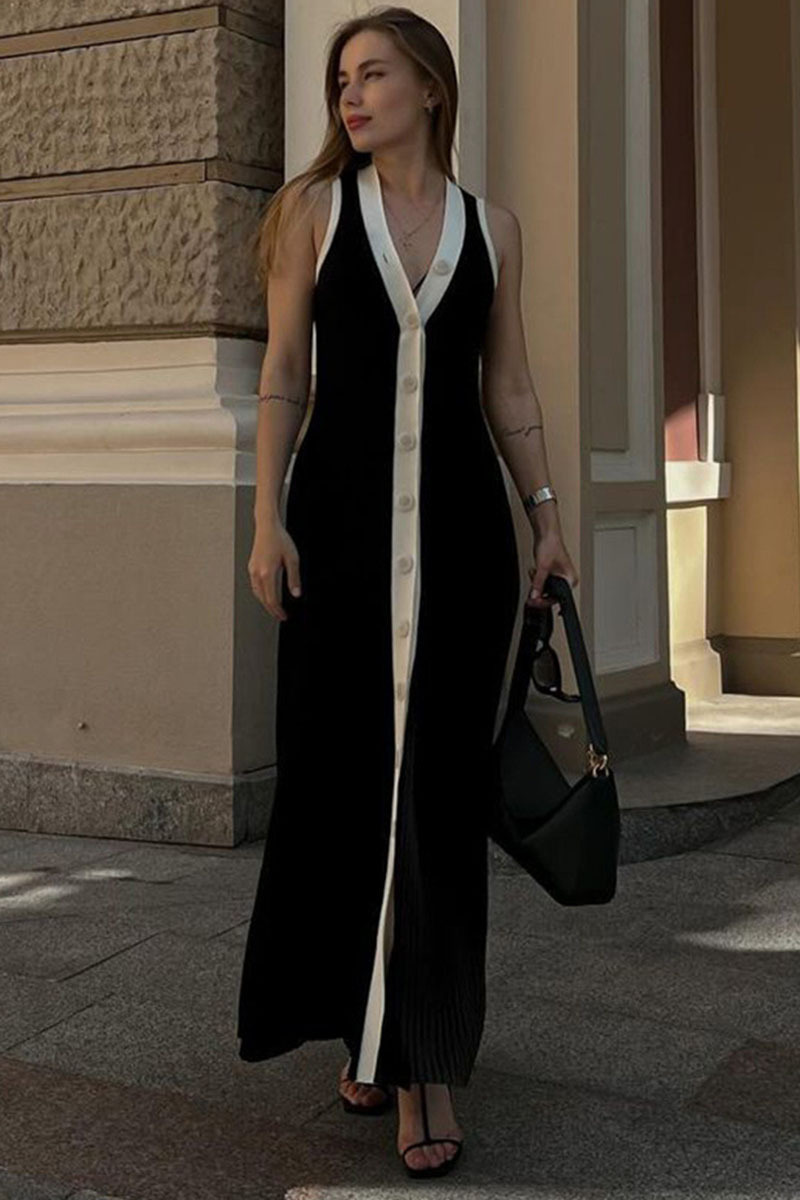 Colorblock Button-Up V Neck Sleeveless Knit Maxi Dresses-White-Hayhty.All Rights Reserved.