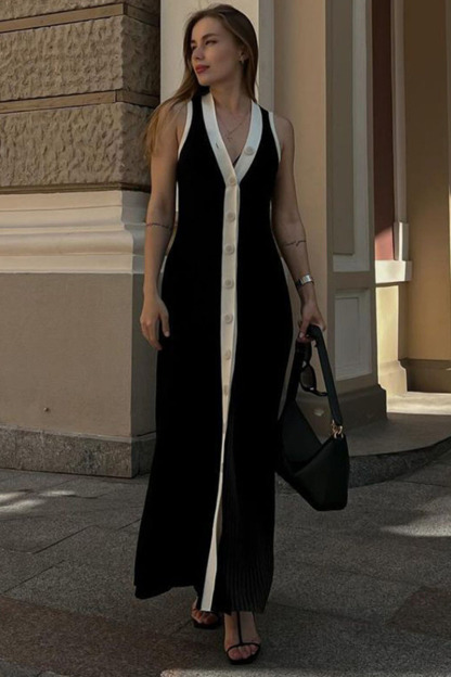 Colorblock Button-Up V Neck Sleeveless Knit Maxi Dresses-White-Hayhty.All Rights Reserved.