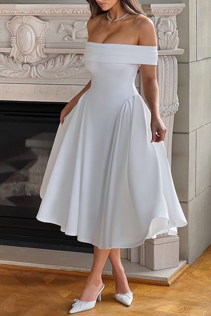 Boat Neck Draped Shoulder Cinch Waist Plain Gowns Midi Dresses-Black-Hayhty.All Rights Reserved.