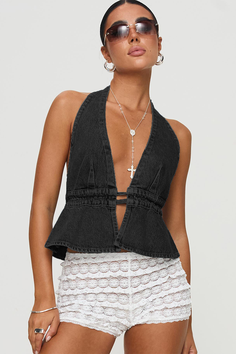 Deep Plunge Neckline Tie Up Open Back Denim A-Line Halter Neck Top-Blue-Hayhty.All Rights Reserved.