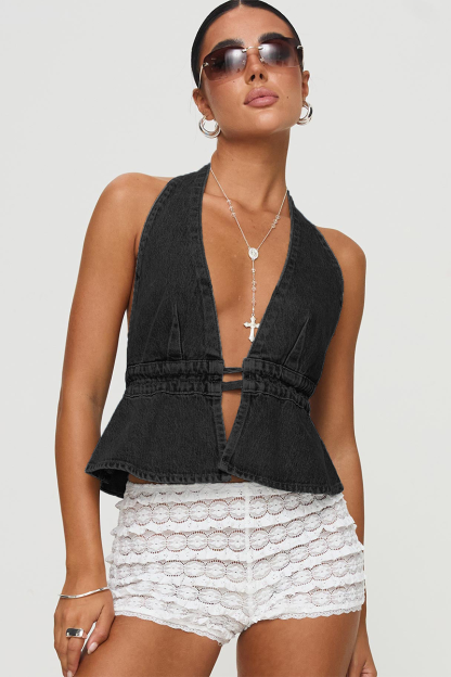 Deep Plunge Neckline Tie Up Open Back Denim A-Line Halter Neck Top-Blue-Hayhty.All Rights Reserved.