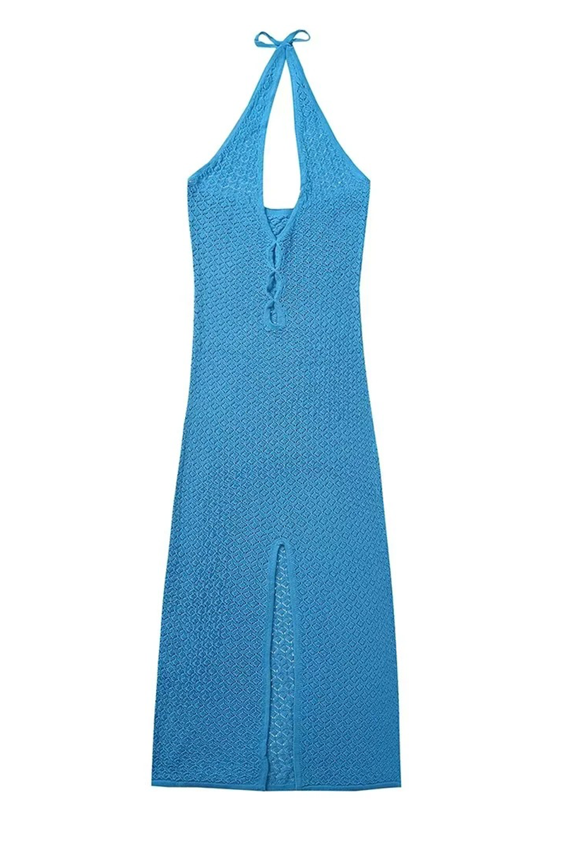 Knit Deep V Neck Cutout Slit Hem Slim Fit Halter Midi Dresses-Blue-Hayhty.All Rights Reserved.