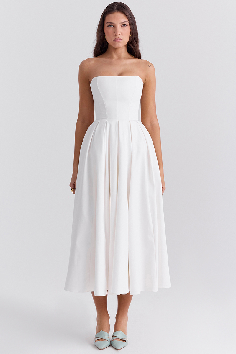 Elegant Strapless Corset Back Zipper Pleated Midi Dresses-White-Hayhty.All Rights Reserved.