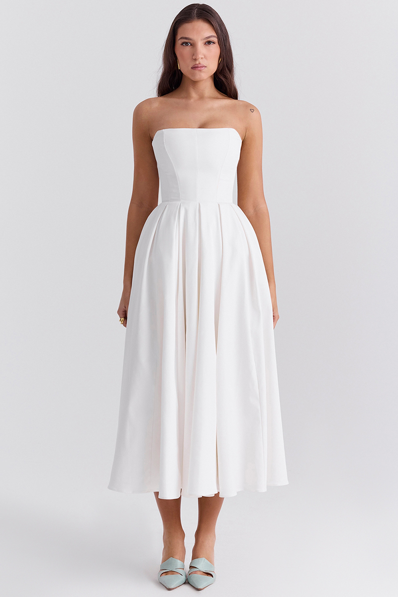 Elegant Strapless Corset Back Zipper Pleated Midi Dresses-White-Hayhty.All Rights Reserved.