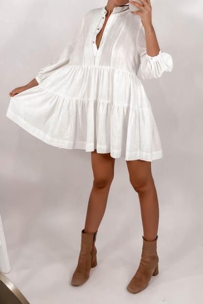 Long Sleeve Button White Mini Dresses-Hayhty.All Rights Reserved.