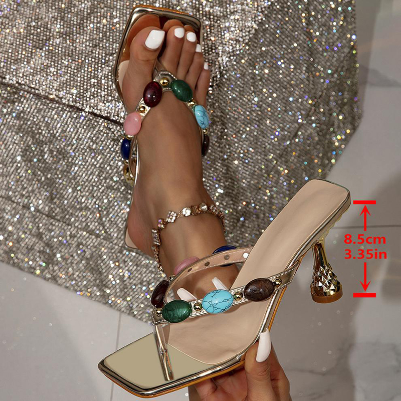 Colourful Gem Stones Square Toe Flip Flops Wine Glass Heels-Hayhty.All Rights Reserved.
