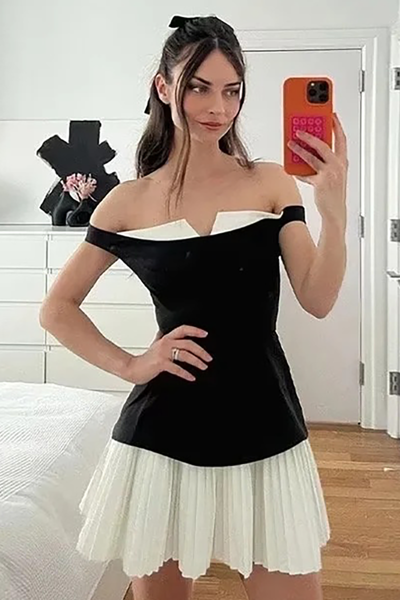 Draped Shoulder Pleated Hem Colorblock A-Line Mini Dresses-Black-Hayhty.All Rights Reserved.