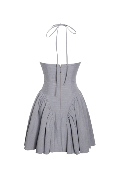 Cinch Waist Button Up Pleated Hem Halter Mini Dresses-Grey-Hayhty.All Rights Reserved.