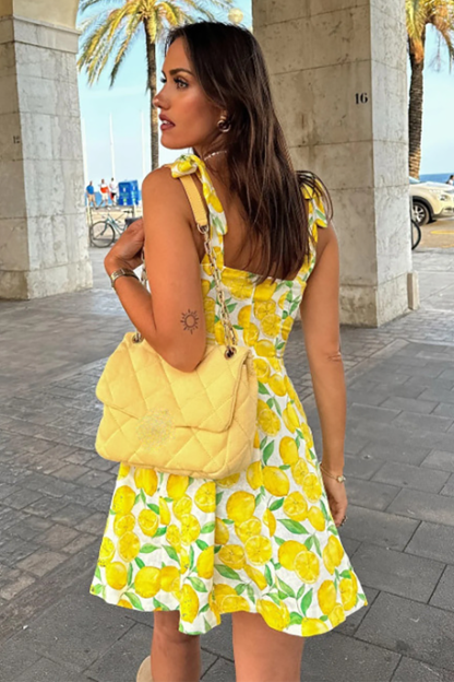 Lemons Print Boat Neck Tie Up Shoulder Straps A-Line Mini Dresses-Yellow-Hayhty.All Rights Reserved.