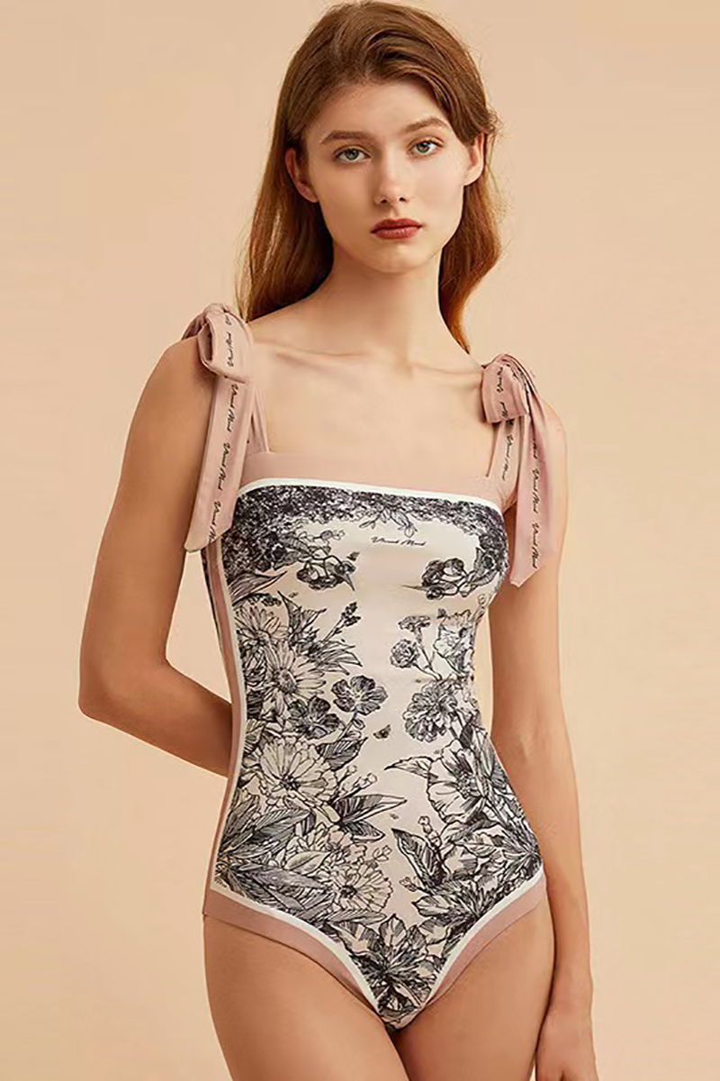 Square Neck Tide Up Straps Two-Side Floral Print One-Piece Bikini-Hayhty.All Rights Reserved.