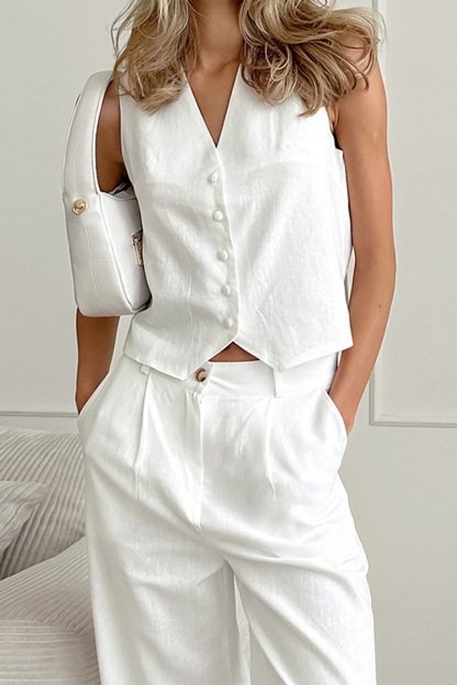 V Neck Button Up Crop Vest Plain Wide Leg Pants Matching Set-White-Hayhty.All Rights Reserved.