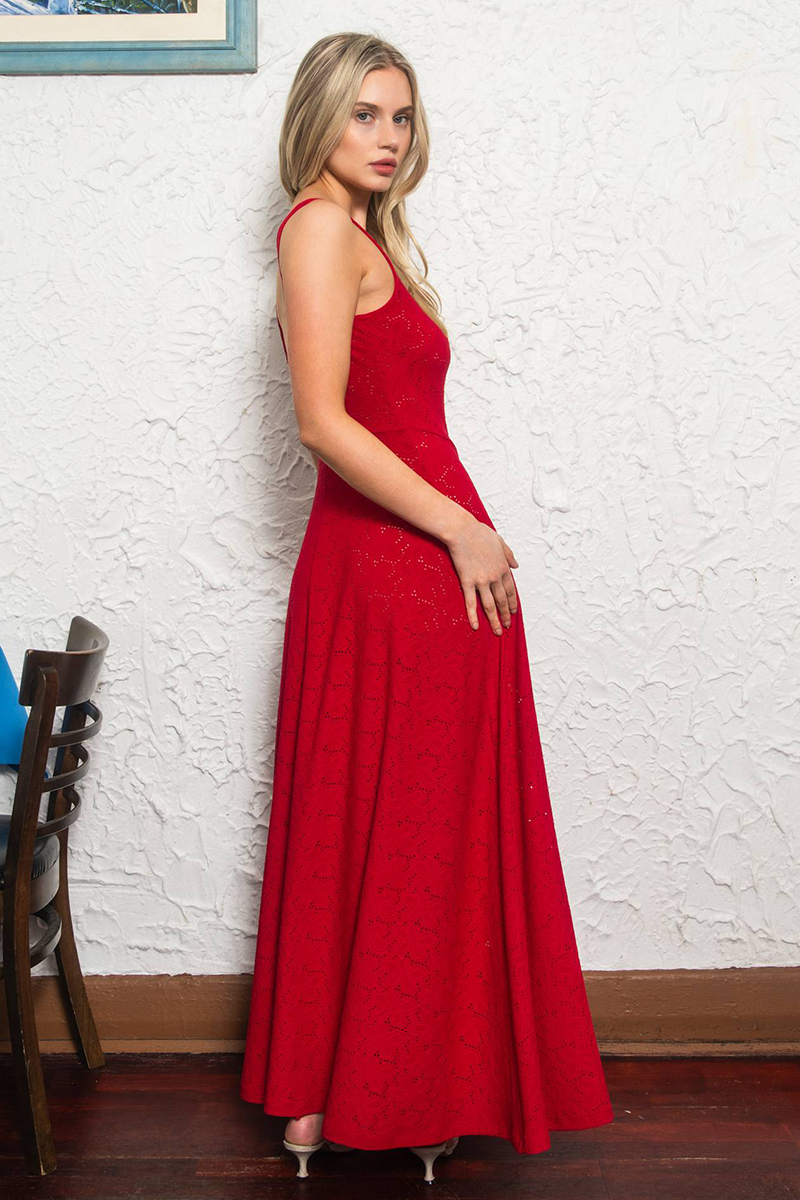 Cinch Waist Backless Ruffled High Slit Knit Maxi Tank Dresses-Red-Hayhty.All Rights Reserved.